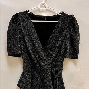 Iris Size Small Black Silver Metallic Thread Faux Wrap Top Glam Goth Minimalist